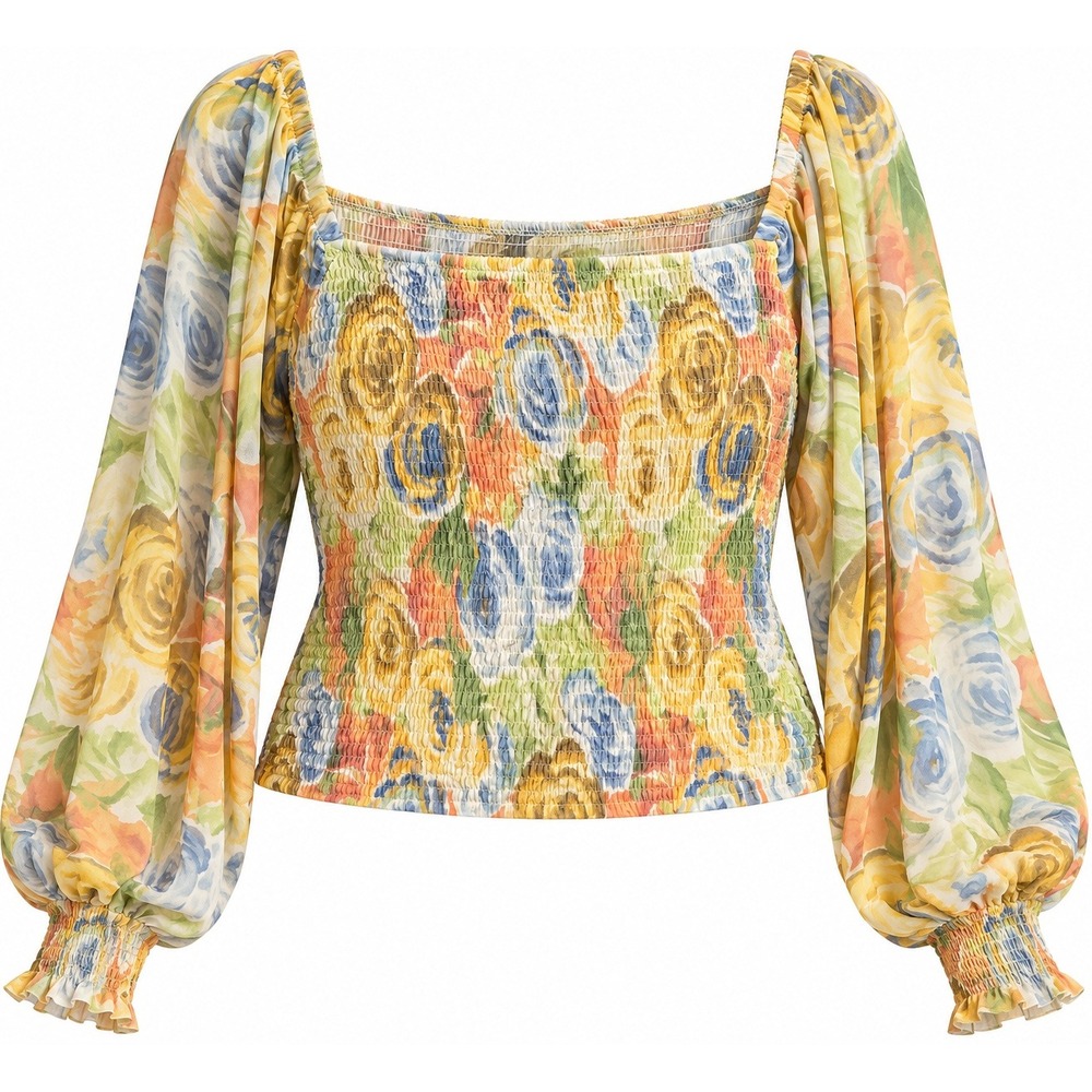 Anthropologie Floral Smocked Square Neck Balloon Sleeve Blouse XL Yellow Orange